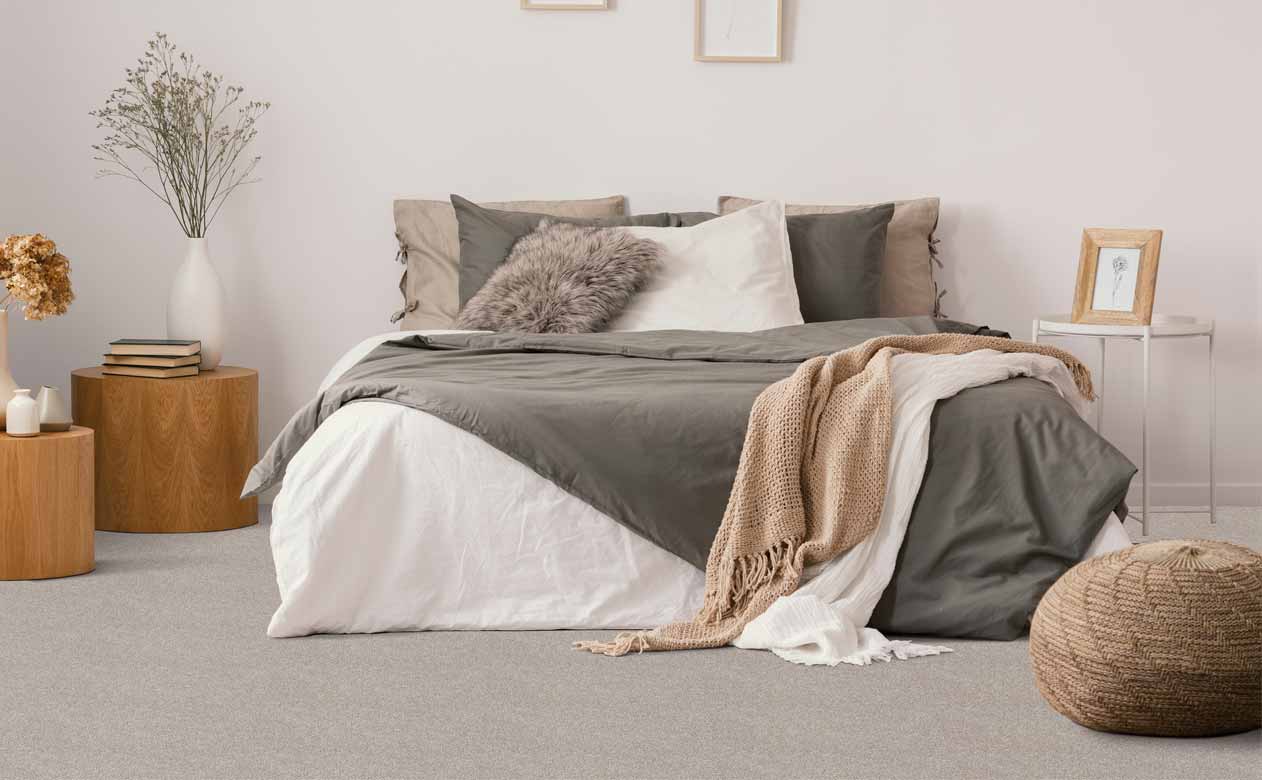 bedroom with gray carpet